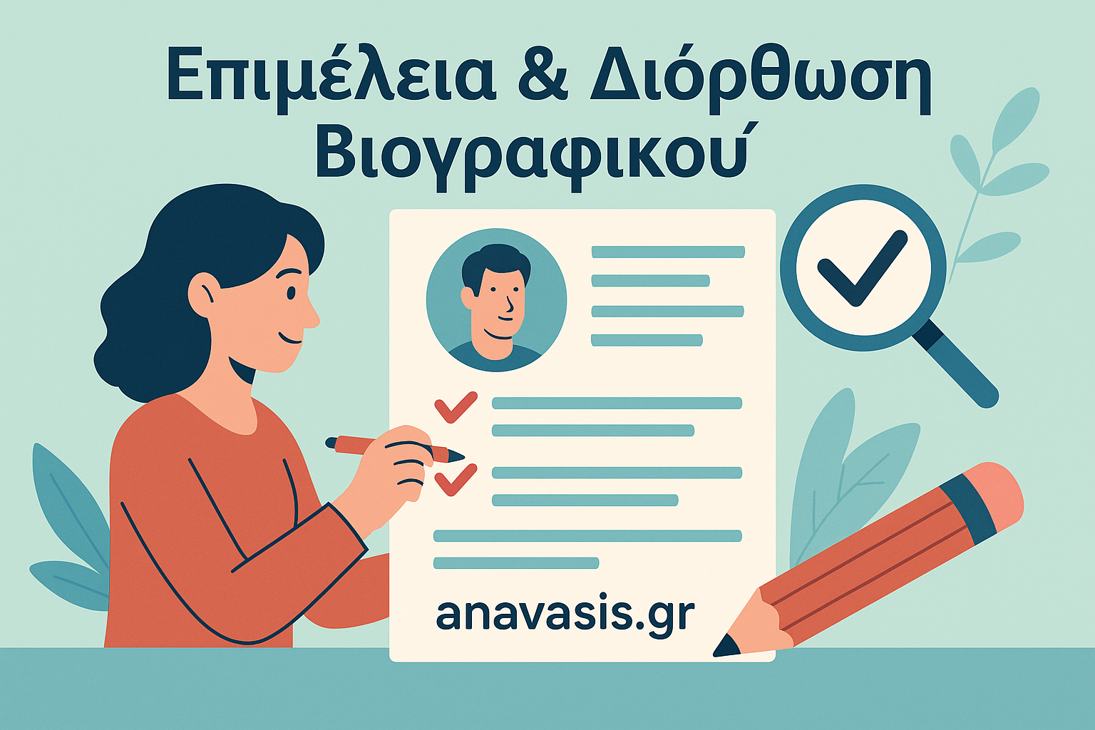 Γυναίκα διορθώνει βιογραφικό σημείωμα με κόκκινο στυλό, ενώ στο πλάι υπάρχει μεγεθυντικός φακός με checkmark - anavasis.gr