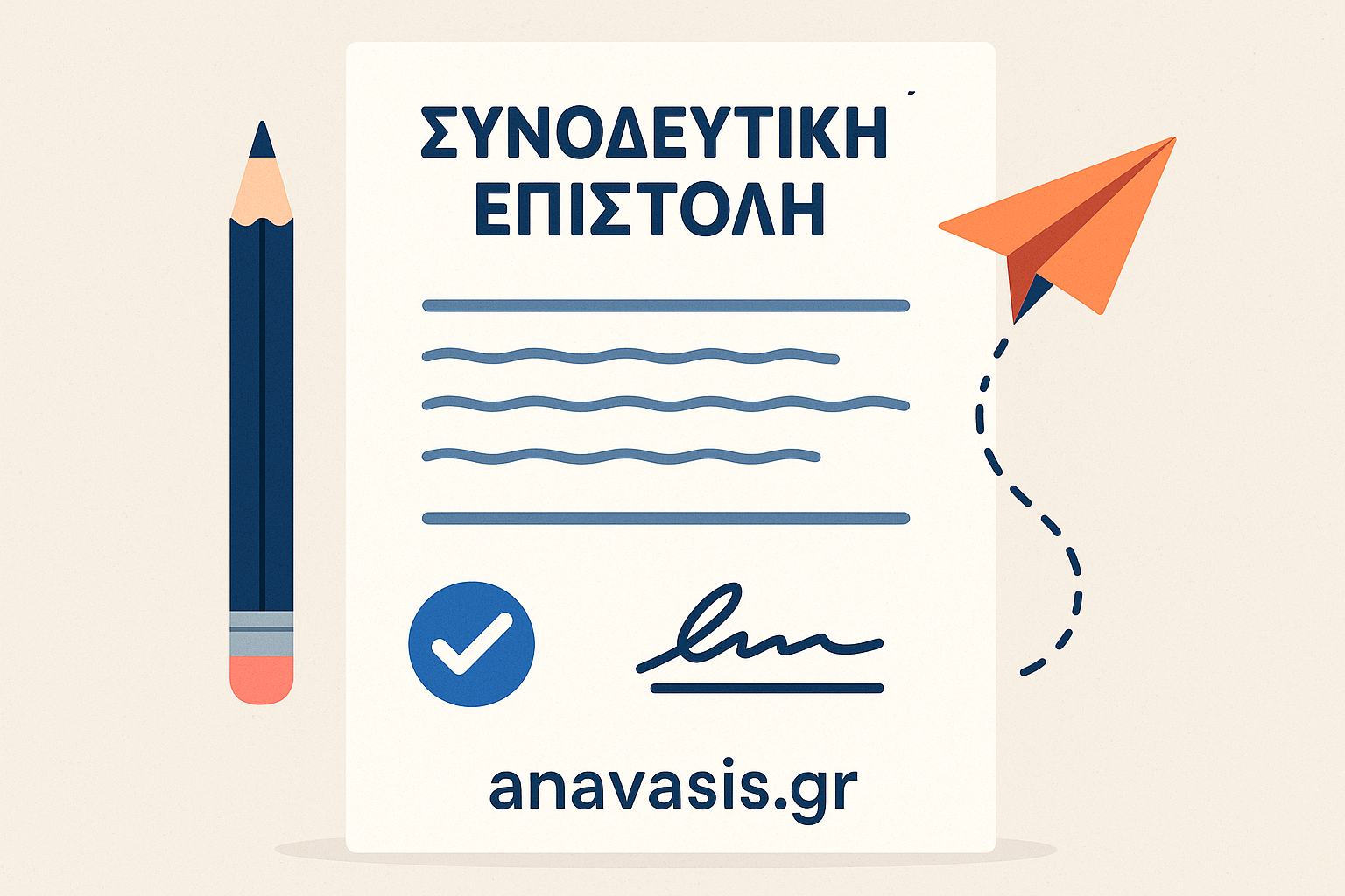 Εικονογράφηση συνοδευτικής επιστολής με υπογραφή, σύμβολο επιβεβαίωσης και χάρτινο αεροπλανάκι. - anavasis.gr
