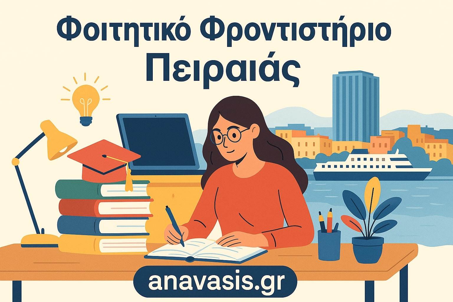 Εικονογράφηση φοιτήτριας που μελετάει σε γραφείο μπροστά από laptop και βιβλία, με φόντο τον Πειραιά και πλοίο στο λιμάνι - anavasis.gr
