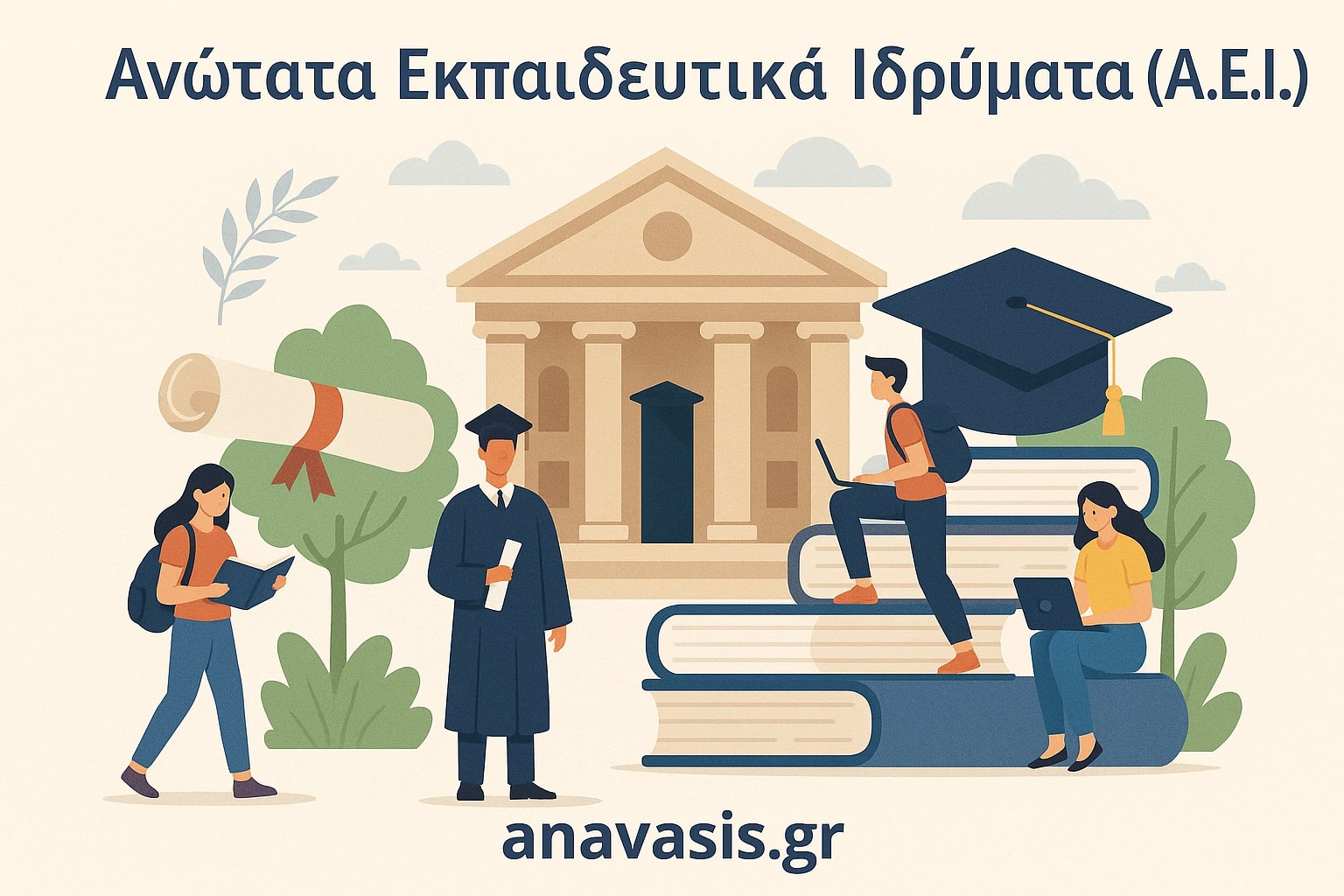 Φοιτητές και φοιτήτριες μπροστά από πανεπιστημιακό κτίριο με πτυχίο, βιβλία και ακαδημαϊκό καπέλο, που συμβολίζουν τα Ανώτατα Εκπαιδευτικά Ιδρύματα (Α.Ε.Ι.) - anavasis.gr