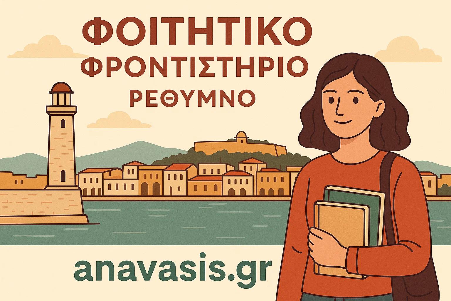 Φοιτήτρια μελετά μπροστά από το λιμάνι του Ρεθύμνου, με σχολικά είδη – anavasis.gr