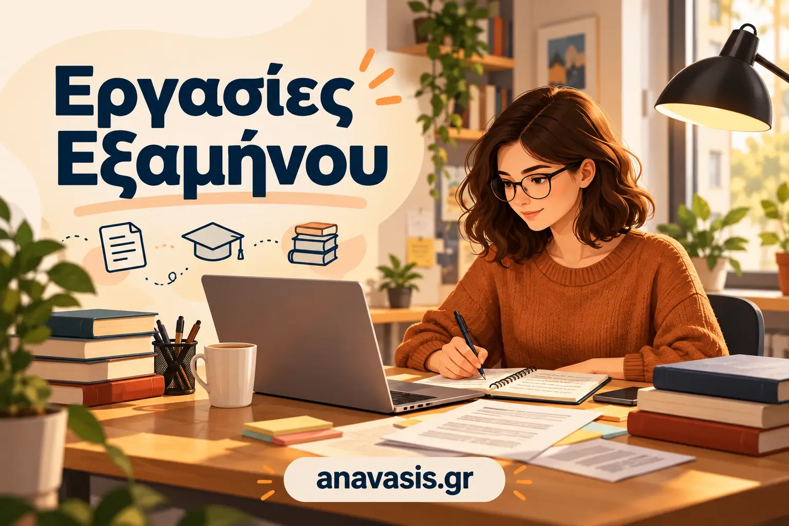 Φοιτήτρια με laptop και σημειώσεις για εργασίες εξαμήνου – anavasis.gr